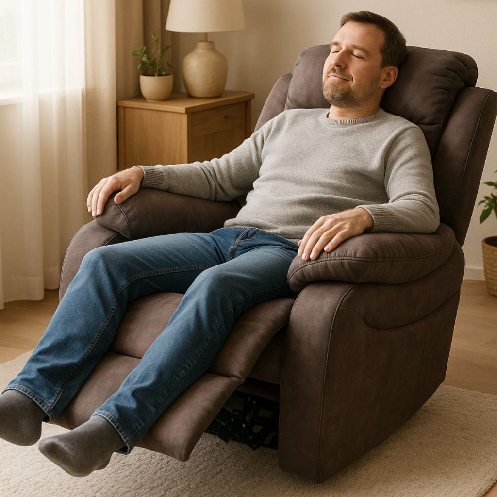 TV a relaxační křeslo, manuální polohování, potah hnědá látka v dekoru kůže AKR138B-2