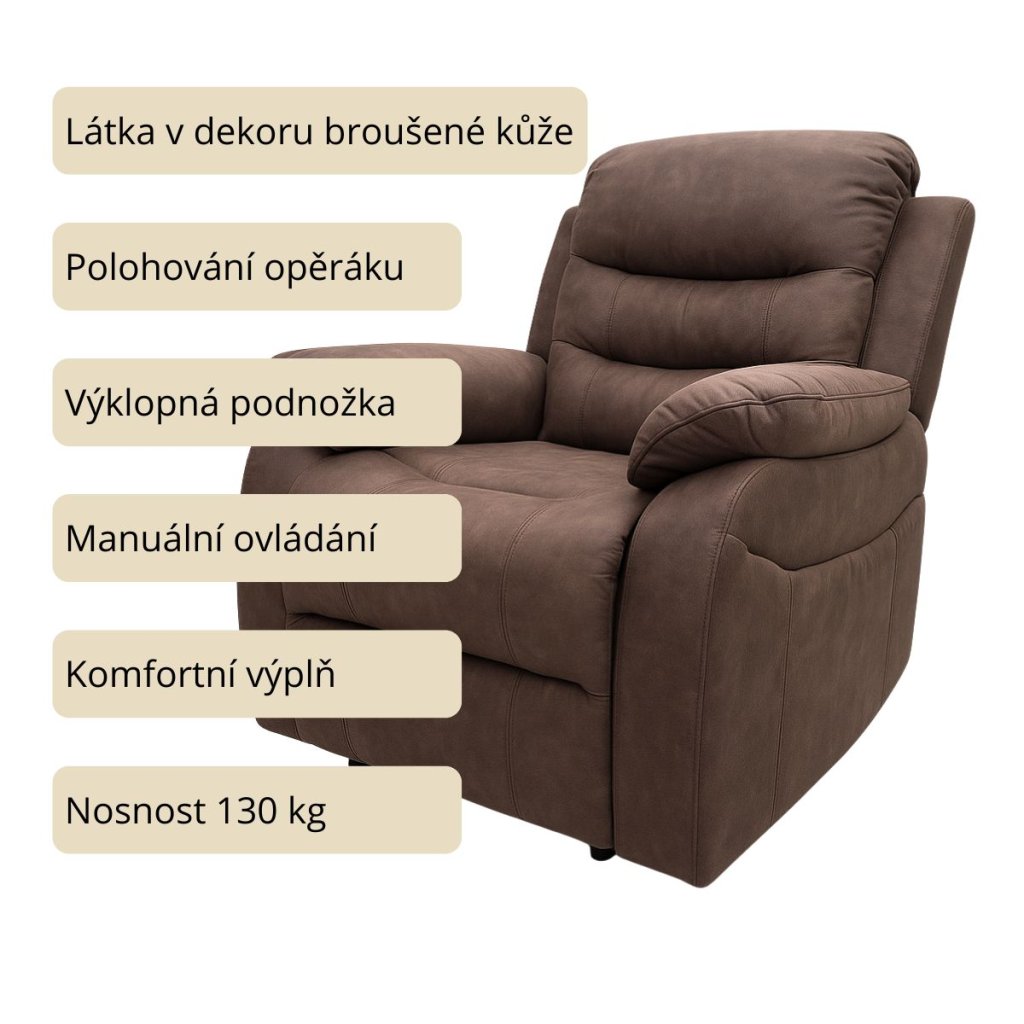 TV a relaxační křeslo, manuální polohování, potah hnědá látka v dekoru kůže AKR138B-2