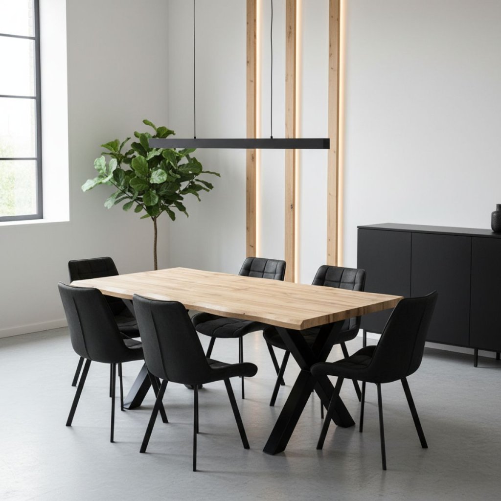 Jídelní set pro 6 osob 180x90 cm dub, černá broušená kůže VJS118-61C