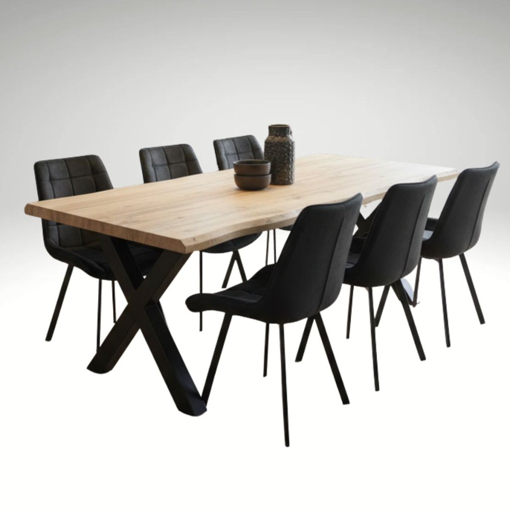 Jídelní set pro 6 osob 180x90 cm dub, černá broušená kůže VJS118-61C