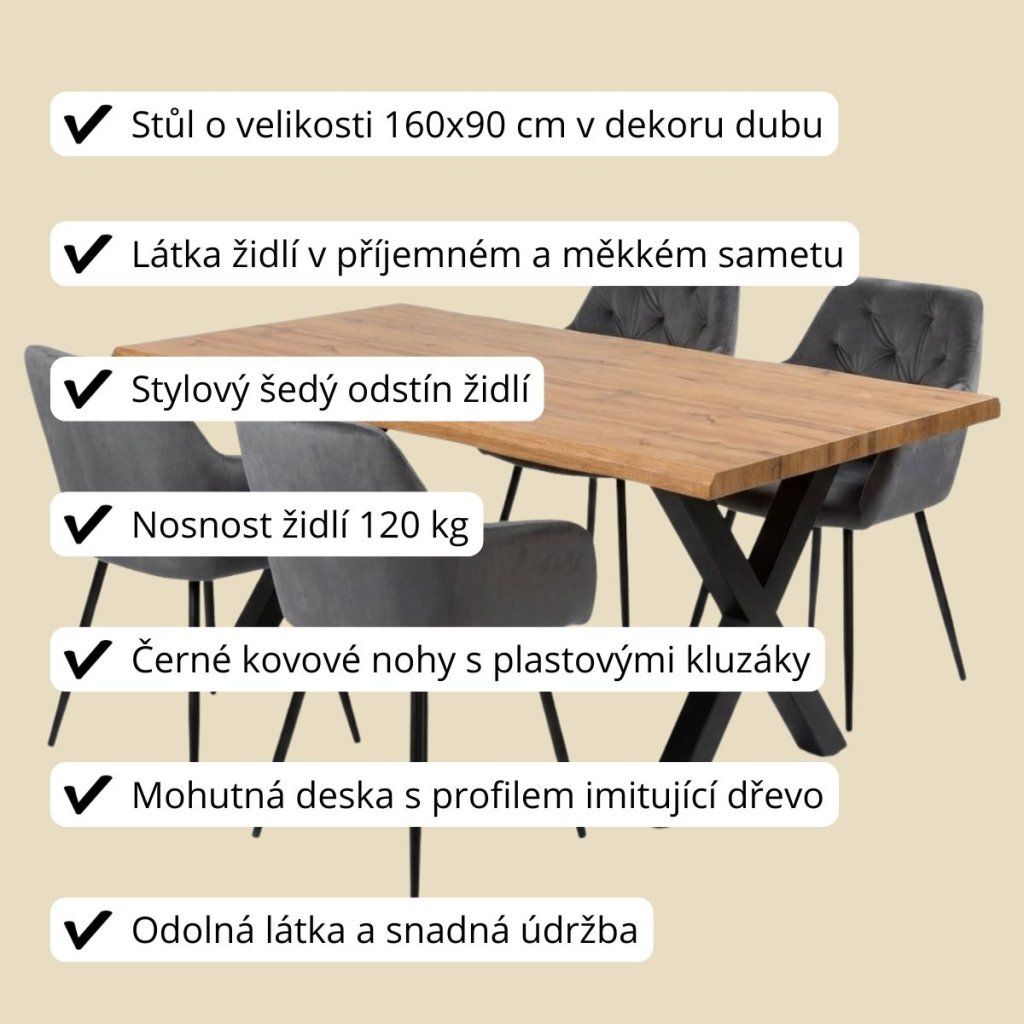 Jídelní set 4+1 160x90 cm dub, šedá VJS136-4S ZA AKČNÍ CENU
