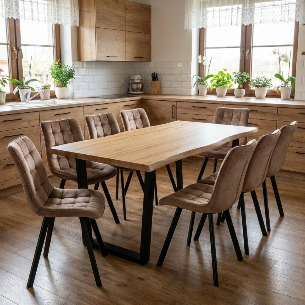 Jídelní set pro 8 osob 180x90 cm dub noha U béžová židle VJS158-8BE-S ZA AKČNÍ CENU