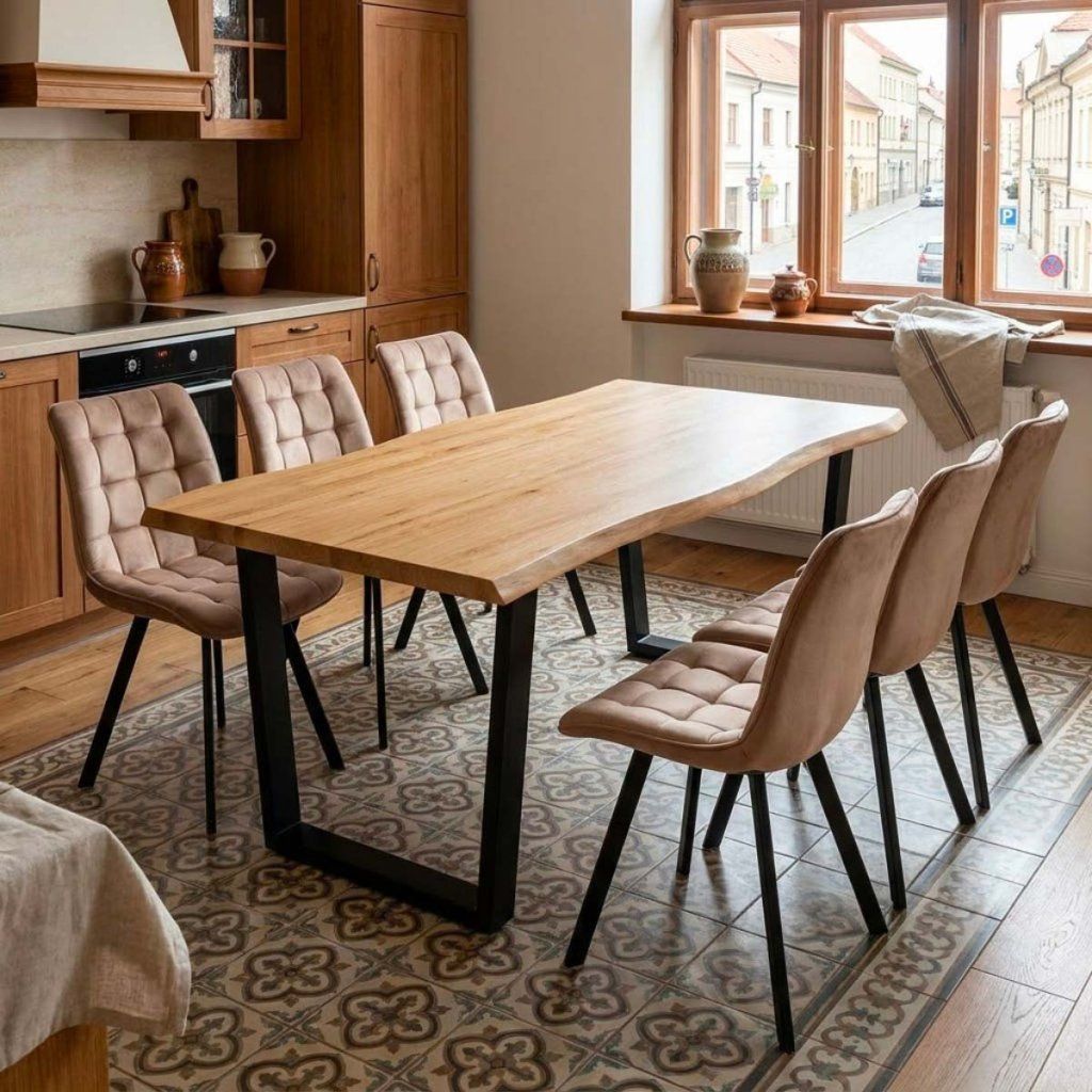 Jídelní set pro 6 osob 180x90 cm dub noha U béžová židle VJS158-6BE-S ZA AKČNÍ CENU