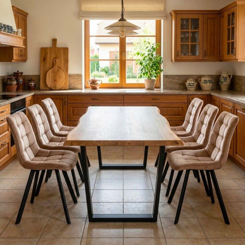 Jídelní set pro 6 osob 180x90 cm dub noha U béžová židle VJS158-6BE-S ZA AKČNÍ CENU