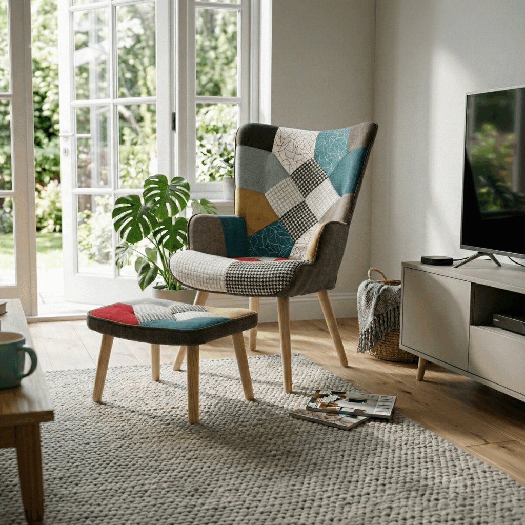 Křeslo ušák s podnožkou potah patchwork látka AKR120BPW