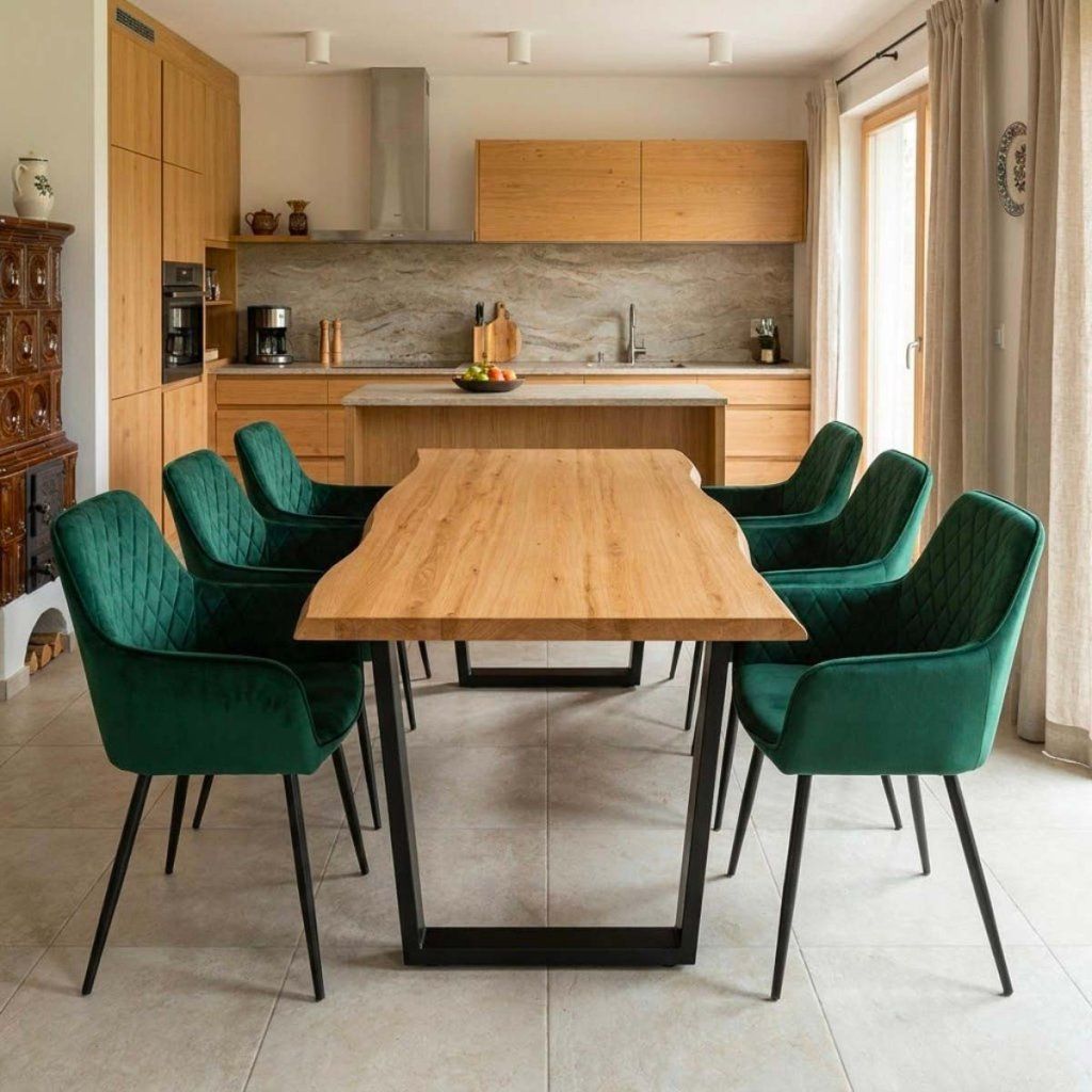 Jídelní set pro 6 osob 180x90 cm dub noha U zelená židle s područkami VJS168-6Z