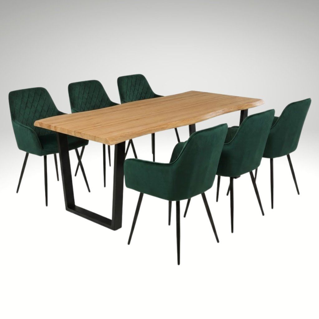 Jídelní set pro 6 osob 180x90 cm dub noha U zelená židle s područkami VJS168-6Z