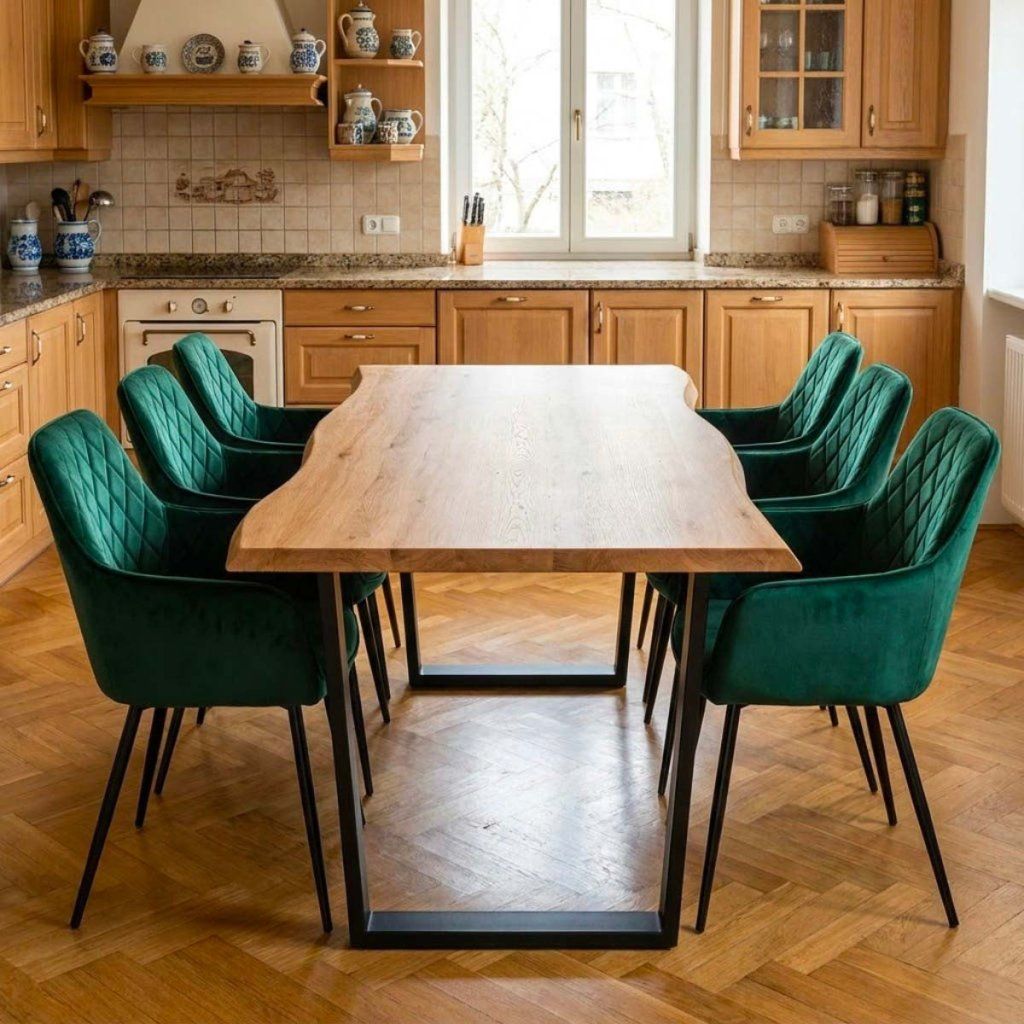 Jídelní set pro 6 osob 180x90 cm dub noha U zelená židle s područkami VJS168-6Z