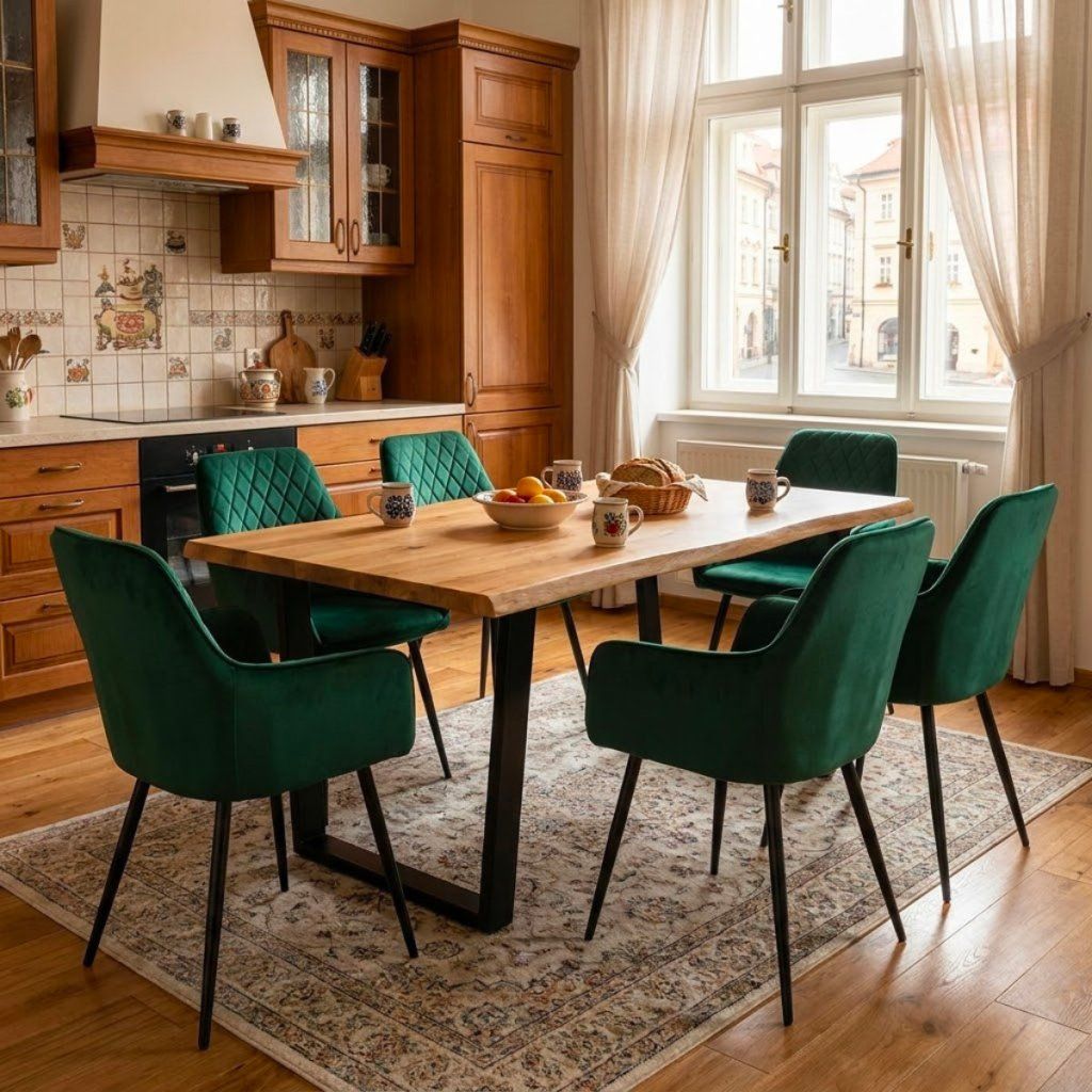 Jídelní set pro 6 osob 160x90 cm dub noha U zelená židle s područkami VJS166-6Z
