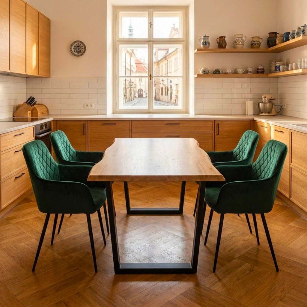Jídelní set pro 4 osoby 160x90 cm dub noha U zelená židle s područkami VJS166-4Z