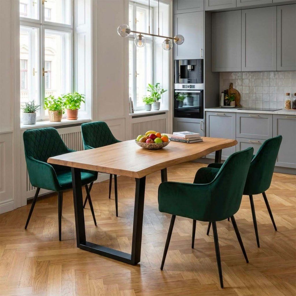 Jídelní set pro 4 osoby 160x90 cm dub noha U zelená židle s područkami VJS166-4Z