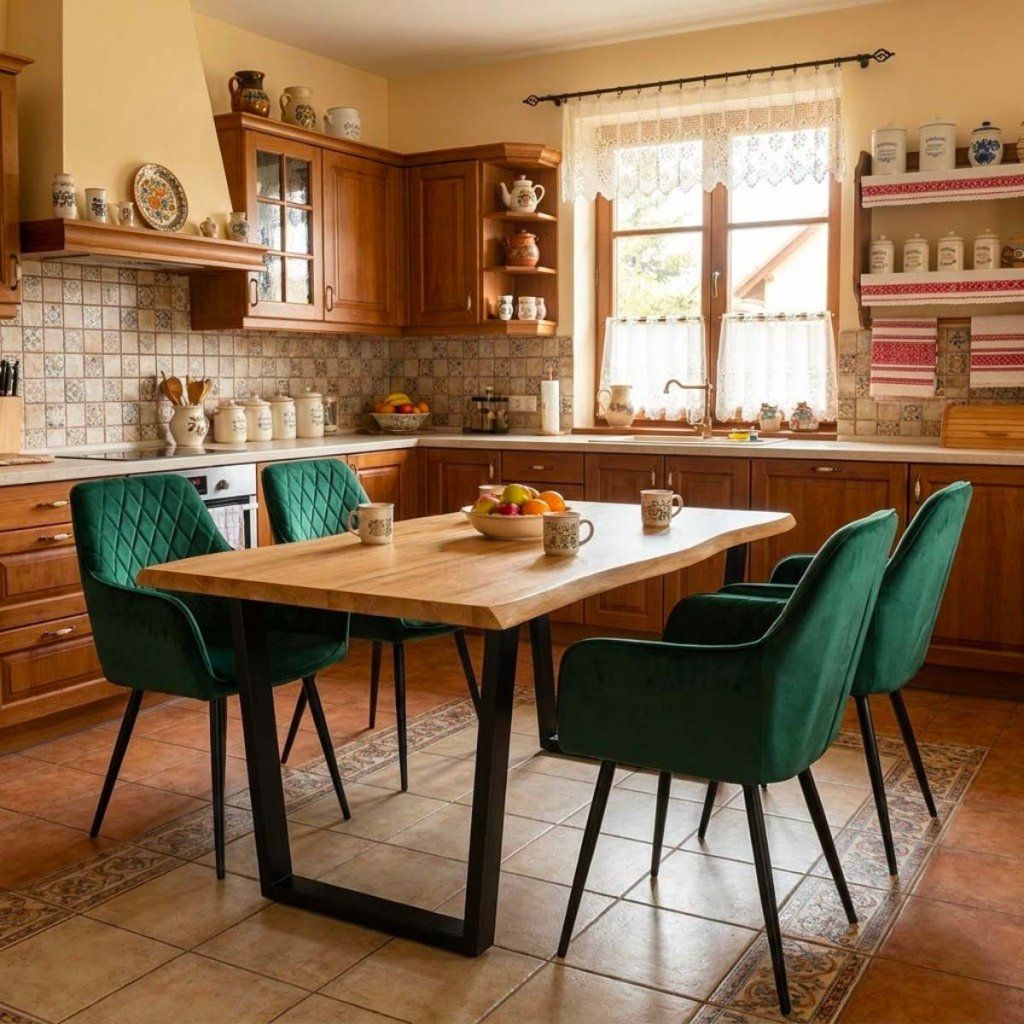 Jídelní set pro 4 osoby 160x90 cm dub noha U zelená židle s područkami VJS166-4Z