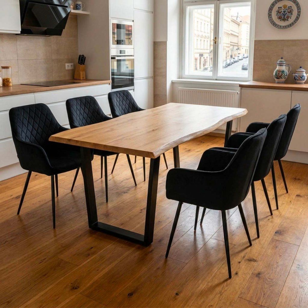 Jídelní set pro 6 osob 180x90 cm dub noha U černá židle s područkami VJS168-6C ZA AKČNÍ CENU