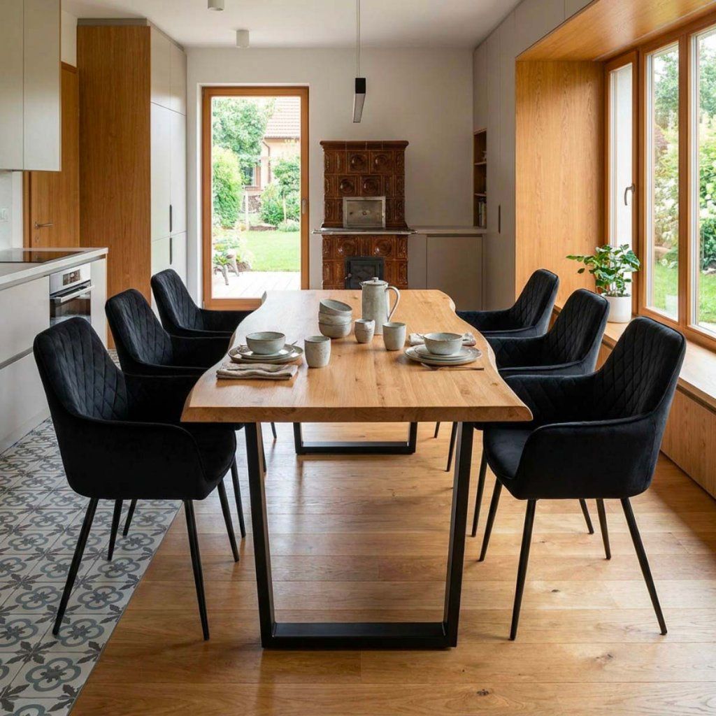 Jídelní set pro 6 osob 180x90 cm dub noha U černá židle s područkami VJS168-6C ZA AKČNÍ CENU