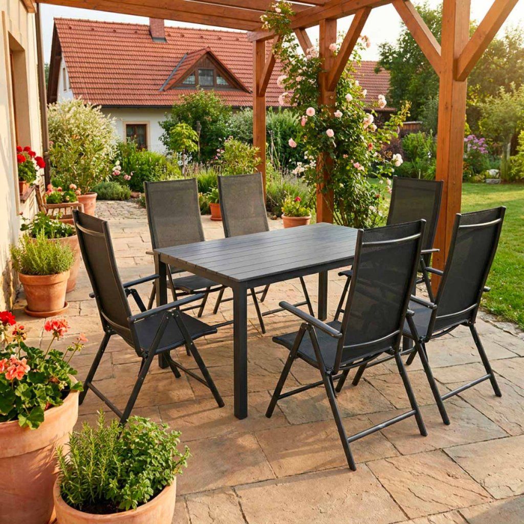 Zahradní set 150x90 pro 6 osob skládací židle V136-S šedá ZA AKČNÍ CENU
