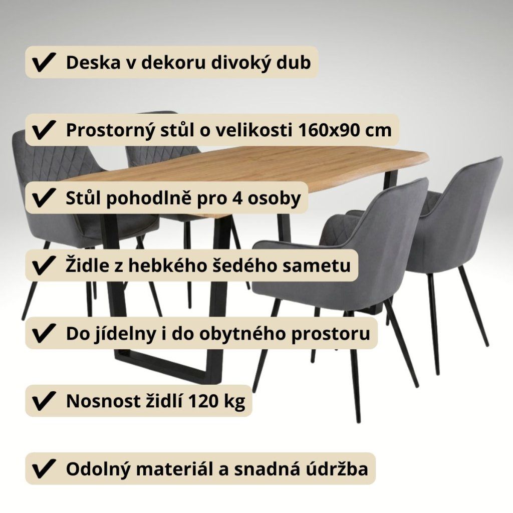Jídelní set pro 4 osoby 160x90 cm dub noha U šedá židle s područkami VJS166-4S