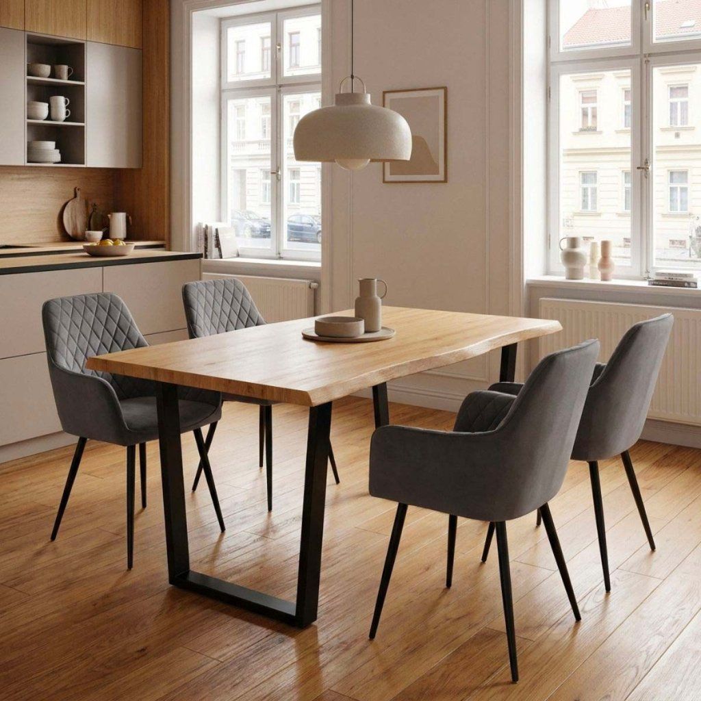 Jídelní set pro 4 osoby 160x90 cm dub noha U šedá židle s područkami VJS166-4S
