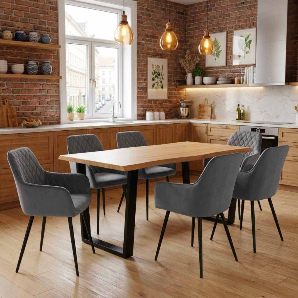 Jídelní set pro 6 osob 160x90 cm dub noha U šedá židle s područkami VJS166-6S