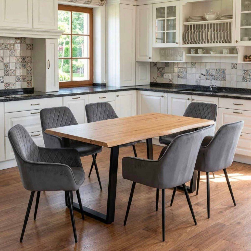Jídelní set pro 6 osob 160x90 cm dub noha U šedá židle s područkami VJS166-6S