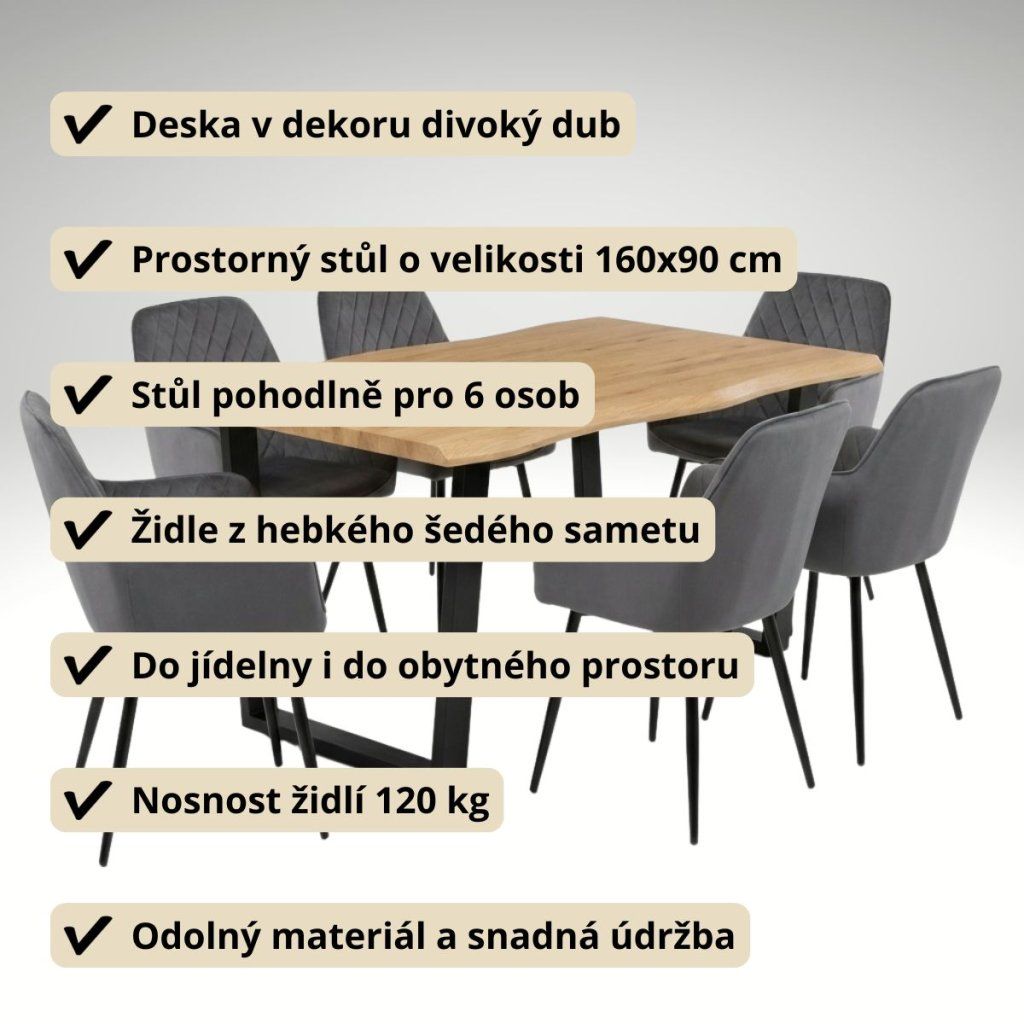 Jídelní set pro 6 osob 160x90 cm dub noha U šedá židle s područkami VJS166-6S