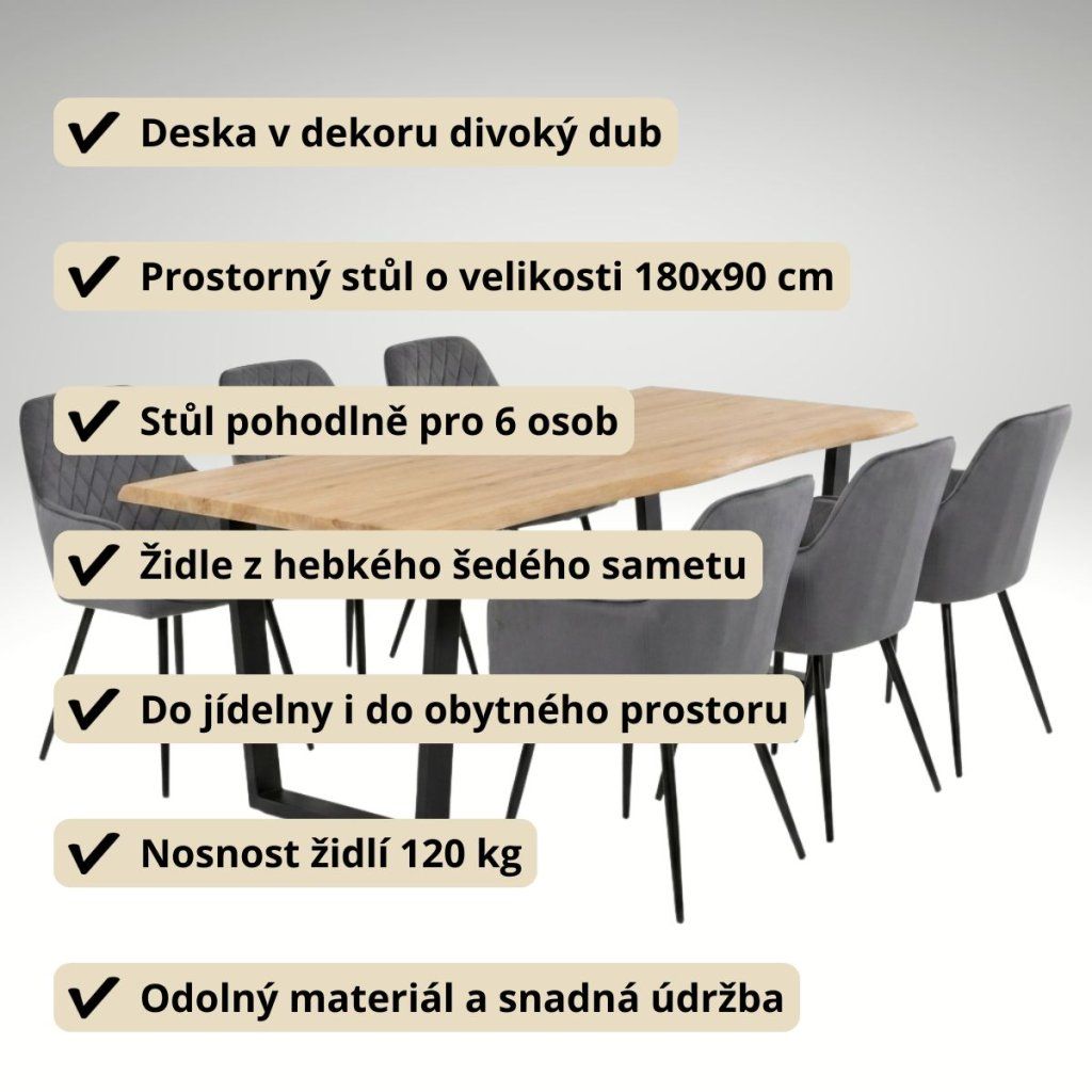 Jídelní set pro 6 osob 180x90 cm dub noha U šedá židle s područkami VJS168-6S