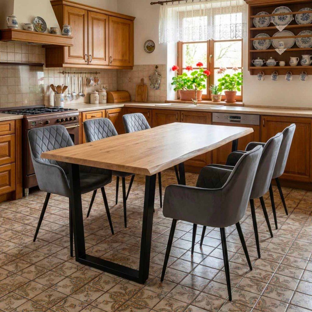 Jídelní set pro 6 osob 180x90 cm dub noha U šedá židle s područkami VJS168-6S