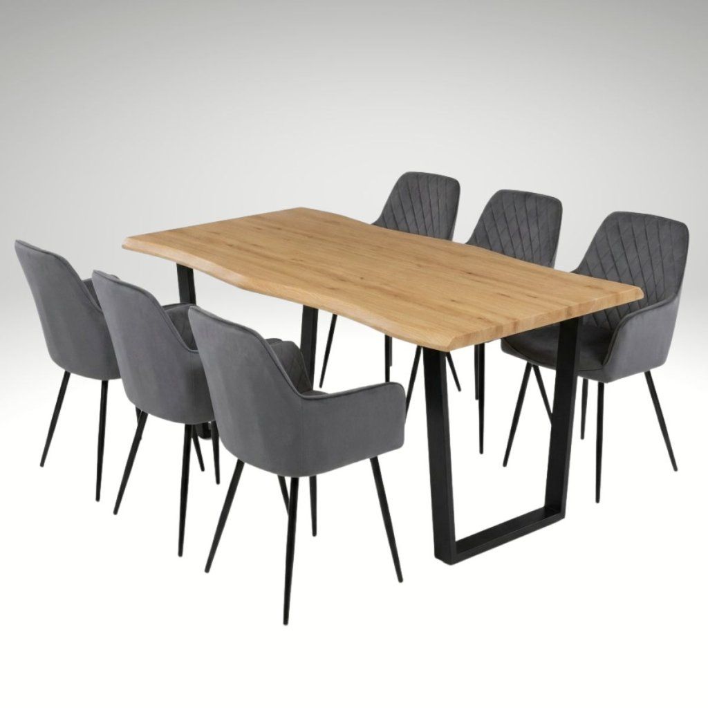 Jídelní set pro 6 osob 180x90 cm dub noha U šedá židle s područkami VJS168-6S