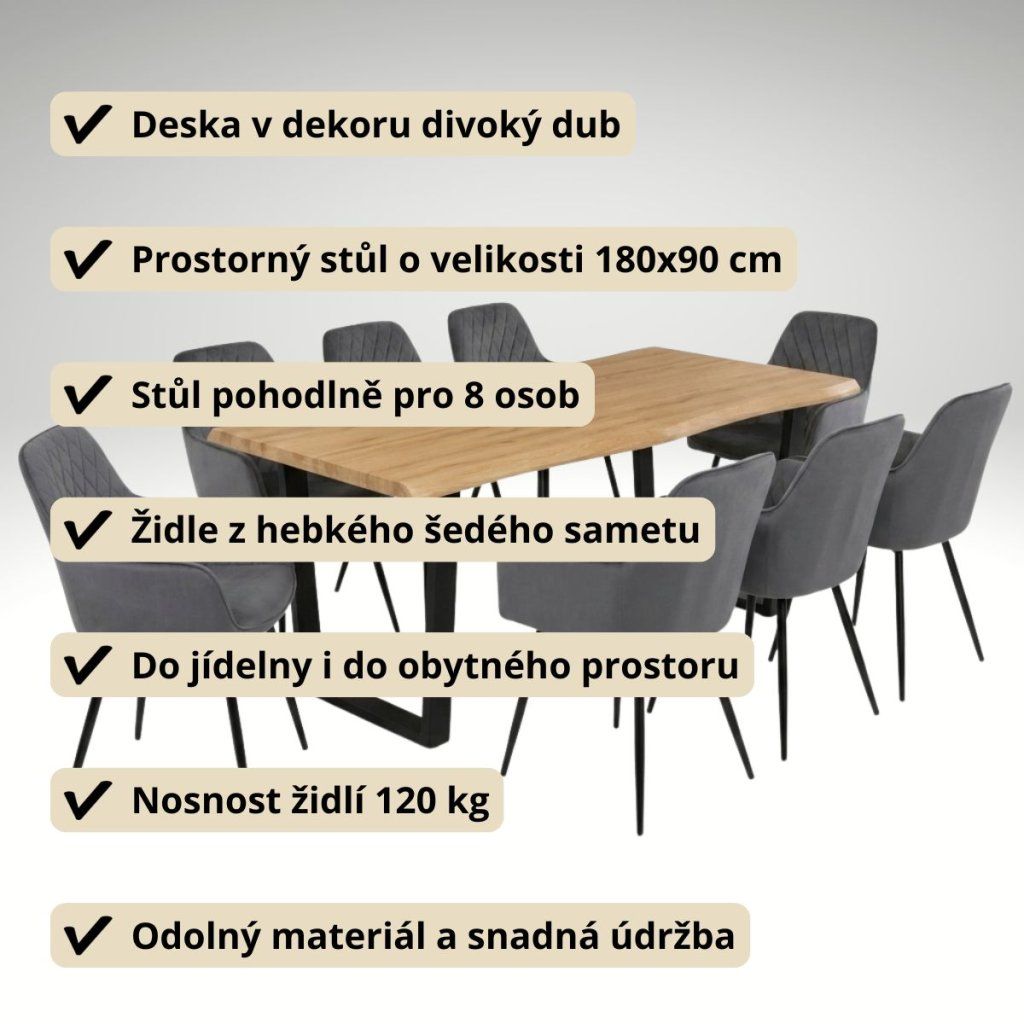 Jídelní set pro 8 osob 180x90 cm dub noha U šedá židle s područkami VJS168-8S