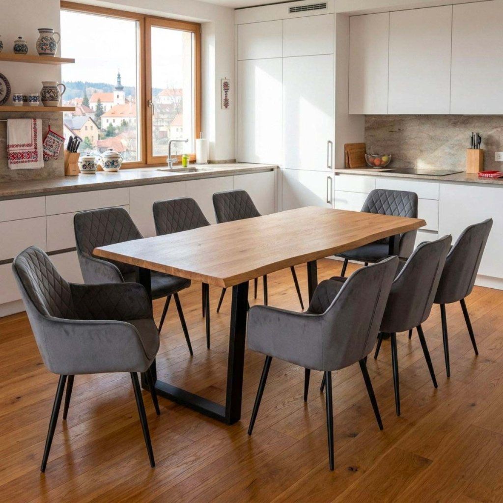 Jídelní set pro 8 osob 180x90 cm dub noha U šedá židle s područkami VJS168-8S