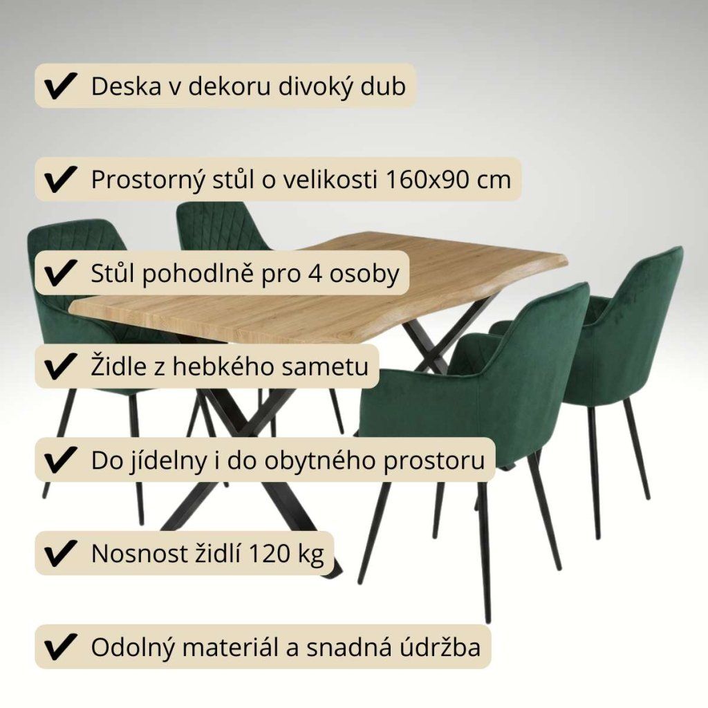 Jídelní set pro 4 osoby 160x90 cm soft dub noha X zelená židle s područkami VJS226-4Z
