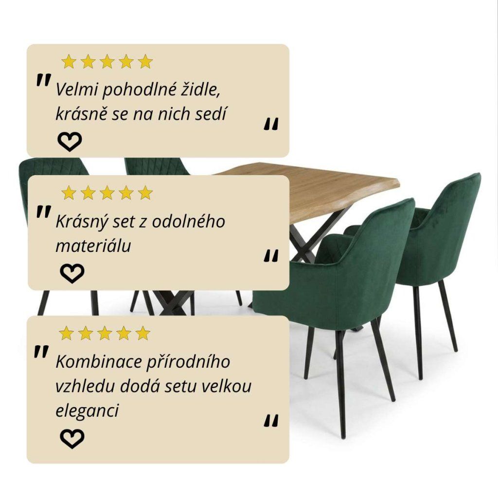 Jídelní set pro 4 osoby 160x90 cm soft dub noha X zelená židle s područkami VJS226-4Z