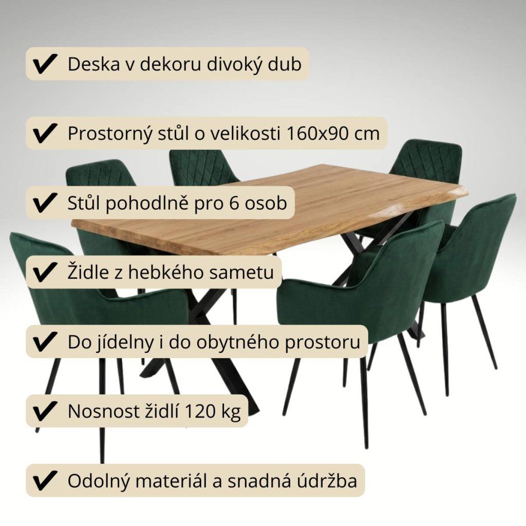 Jídelní set pro 6 osob 160x90 cm soft dub noha X zelená židle s područkami VJS226-6Z