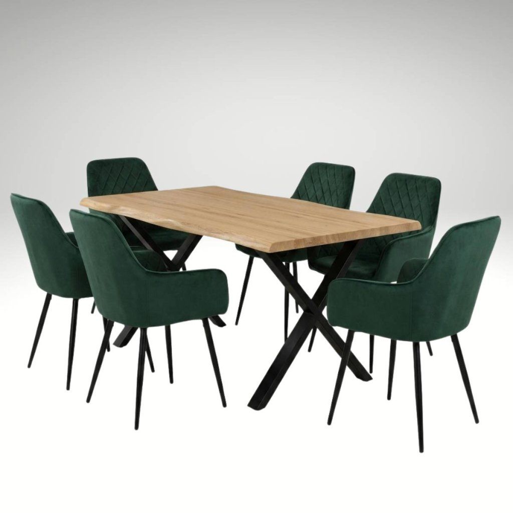 Jídelní set pro 6 osob 160x90 cm soft dub noha X zelená židle s područkami VJS226-6Z