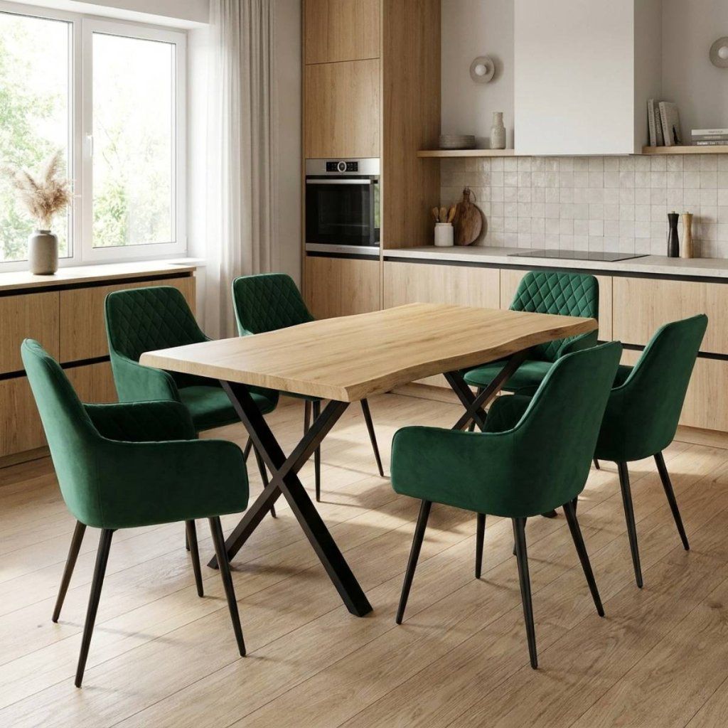 Jídelní set pro 6 osob 160x90 cm soft dub noha X zelená židle s područkami VJS226-6Z
