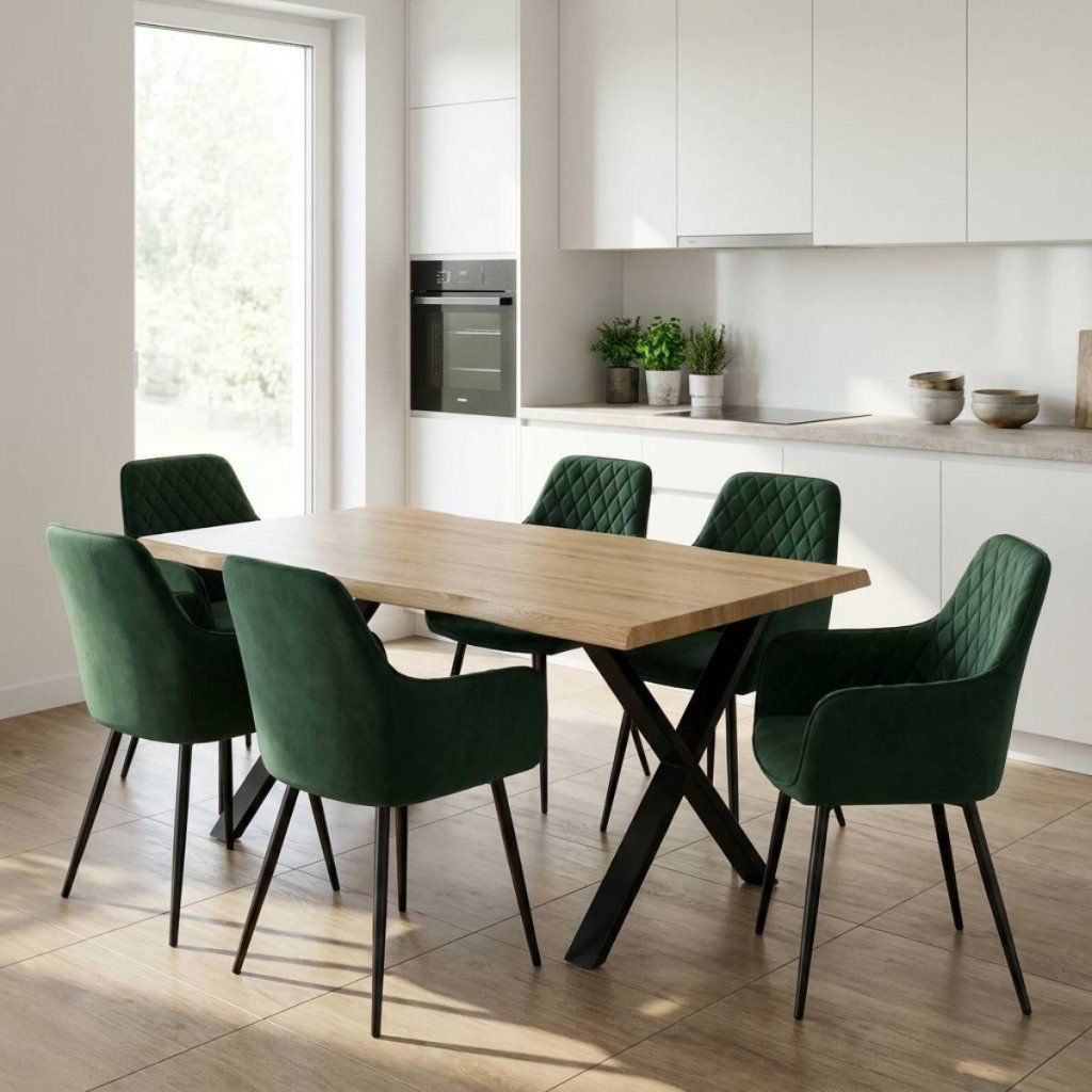 Jídelní set pro 6 osob 160x90 cm soft dub noha X zelená židle s područkami VJS226-6Z