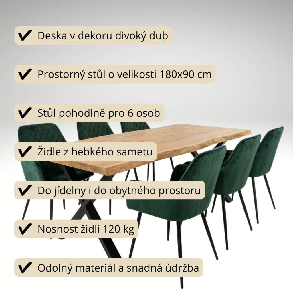 Jídelní set pro 6 osob 180x90 cm soft dub noha X zelená židle s područkami VJS228-6Z