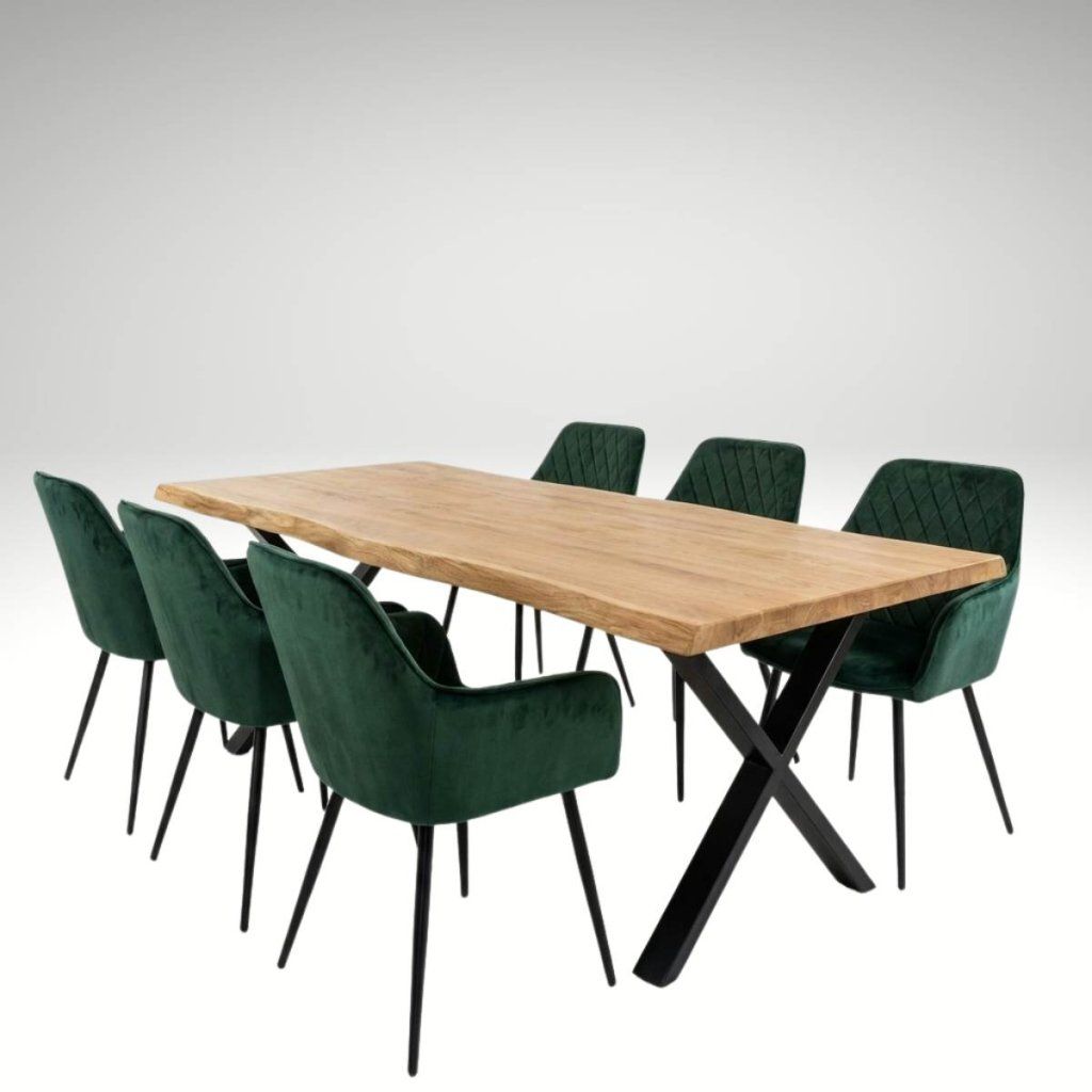 Jídelní set pro 6 osob 180x90 cm soft dub noha X zelená židle s područkami VJS228-6Z