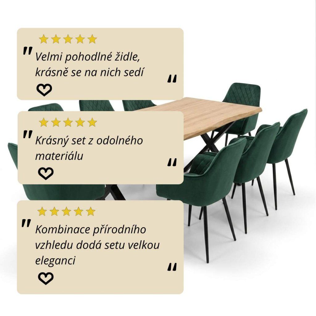 Jídelní set pro 8 osob 180x90 cm soft dub noha X zelená židle s područkami VJS228-8Z
