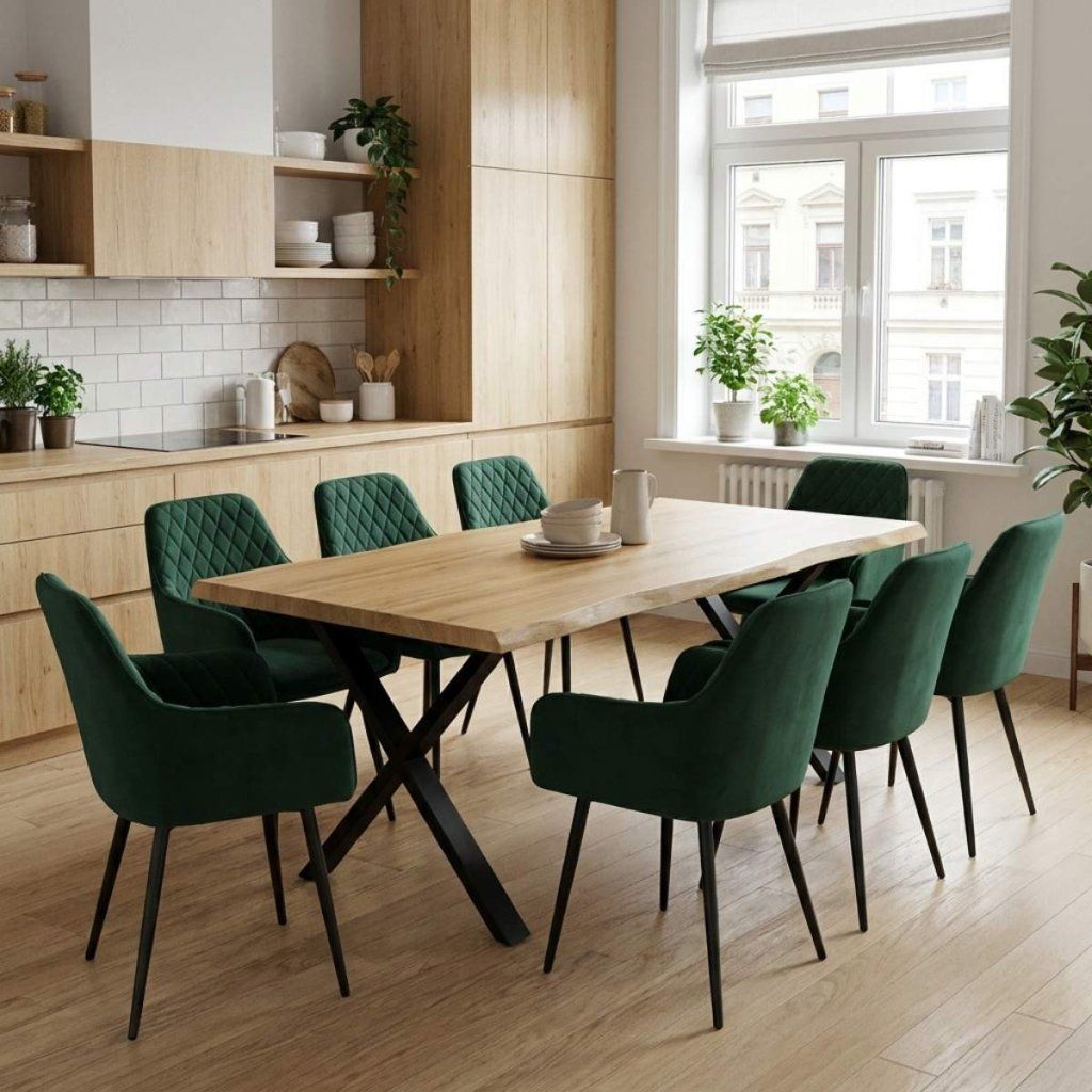 Jídelní set pro 8 osob 180x90 cm soft dub noha X zelená židle s područkami VJS228-8Z