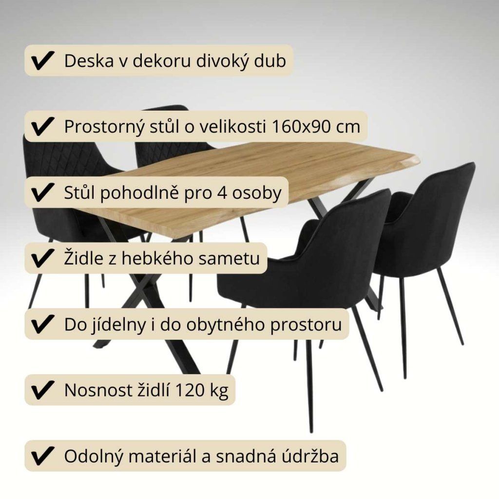 Jídelní set pro 4 osoby 160x90 cm soft dub noha X černá židle s područkami VJS226-4C
