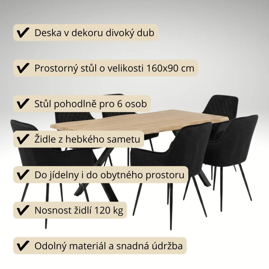Jídelní set pro 6 osob 160x90 cm soft dub noha X černá židle s područkami VJS226-6C