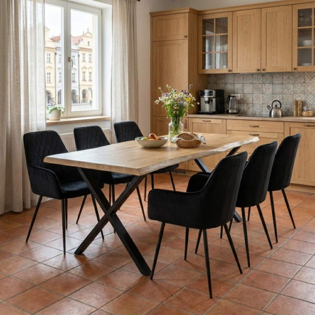 Jídelní set pro 6 osob 180x90 cm soft dub noha X černá židle s područkami VJS228-6C