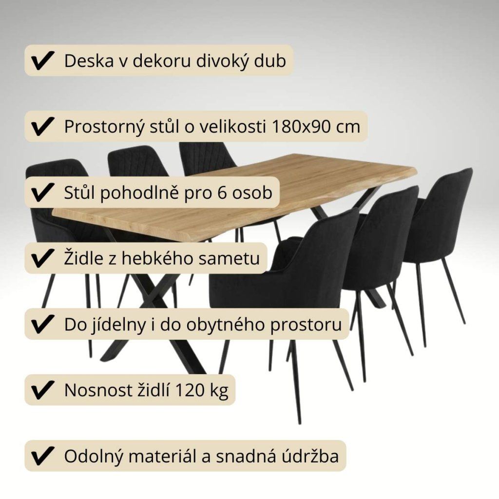 Jídelní set pro 6 osob 180x90 cm soft dub noha X černá židle s područkami VJS228-6C