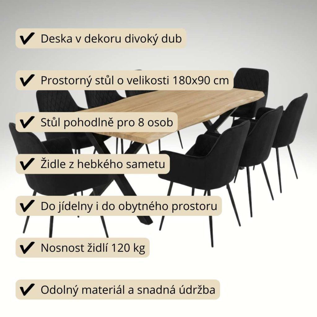 Jídelní set pro 8 osob 180x90 cm soft dub noha X černá židle s područkami VJS228-8C