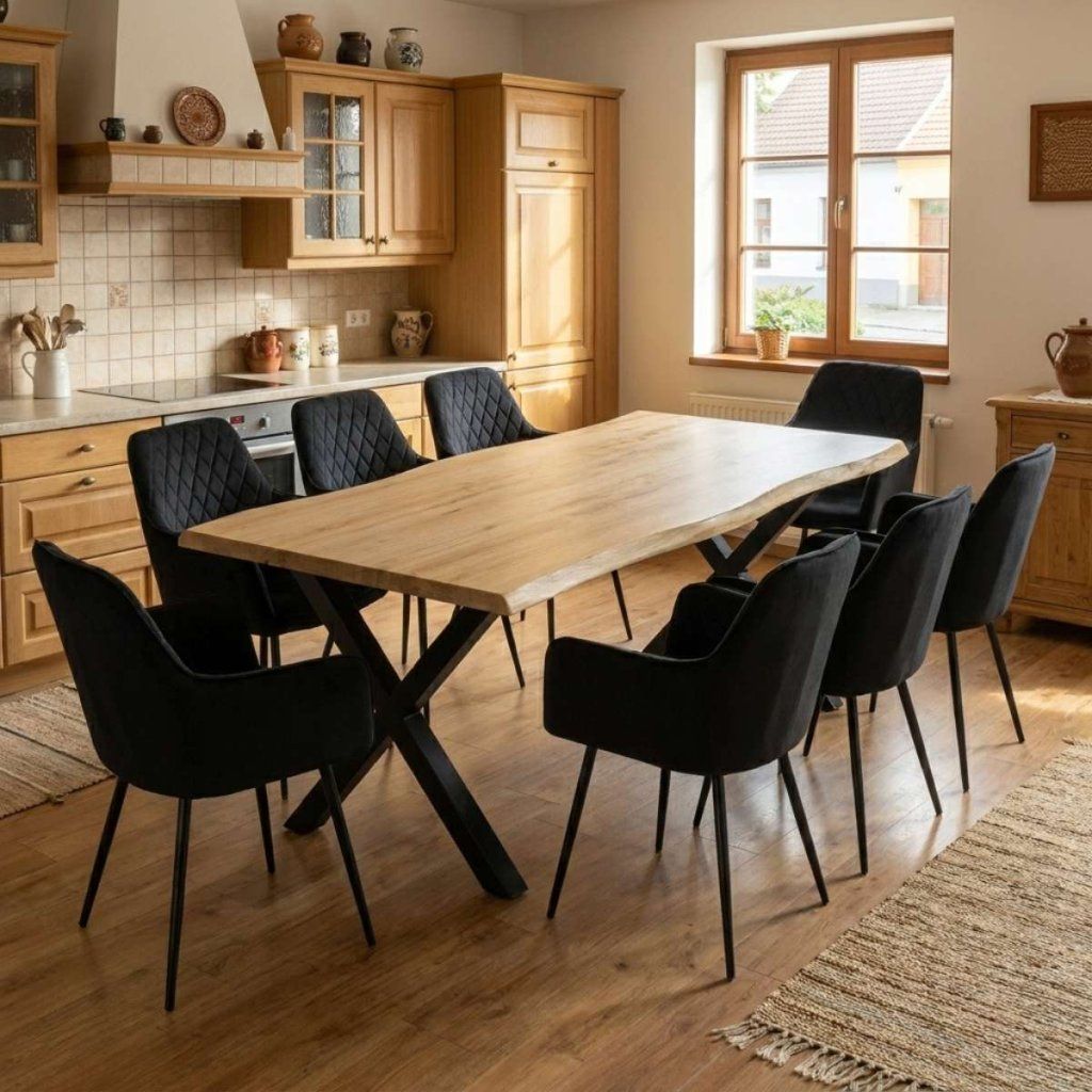 Jídelní set pro 8 osob 180x90 cm soft dub noha X černá židle s područkami VJS228-8C