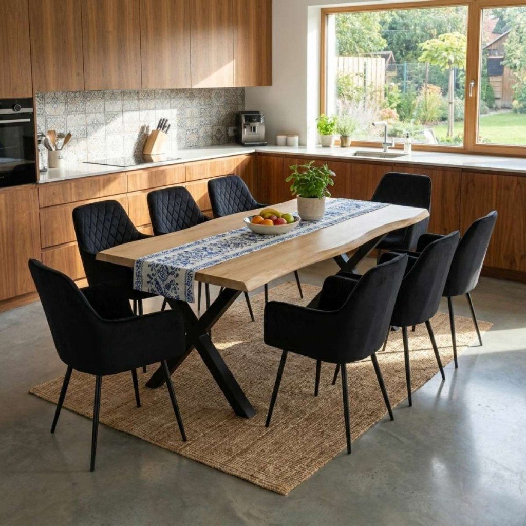 Jídelní set pro 8 osob 180x90 cm soft dub noha X černá židle s područkami VJS228-8C