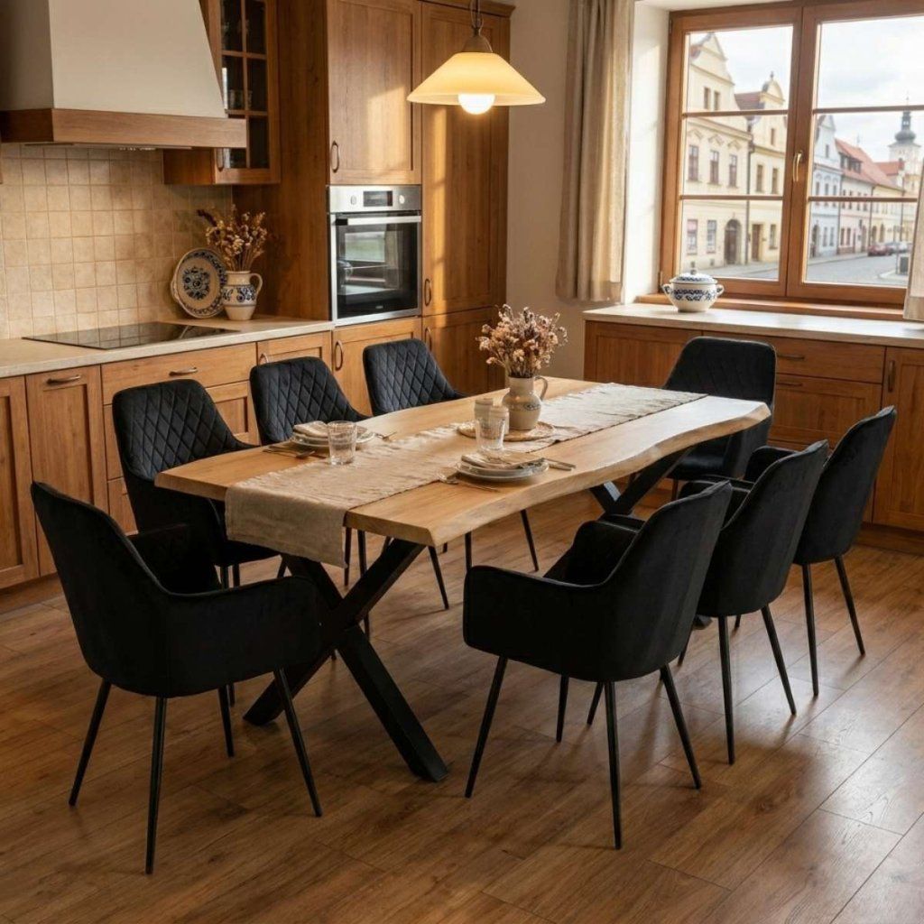 Jídelní set pro 8 osob 180x90 cm soft dub noha X černá židle s područkami VJS228-8C