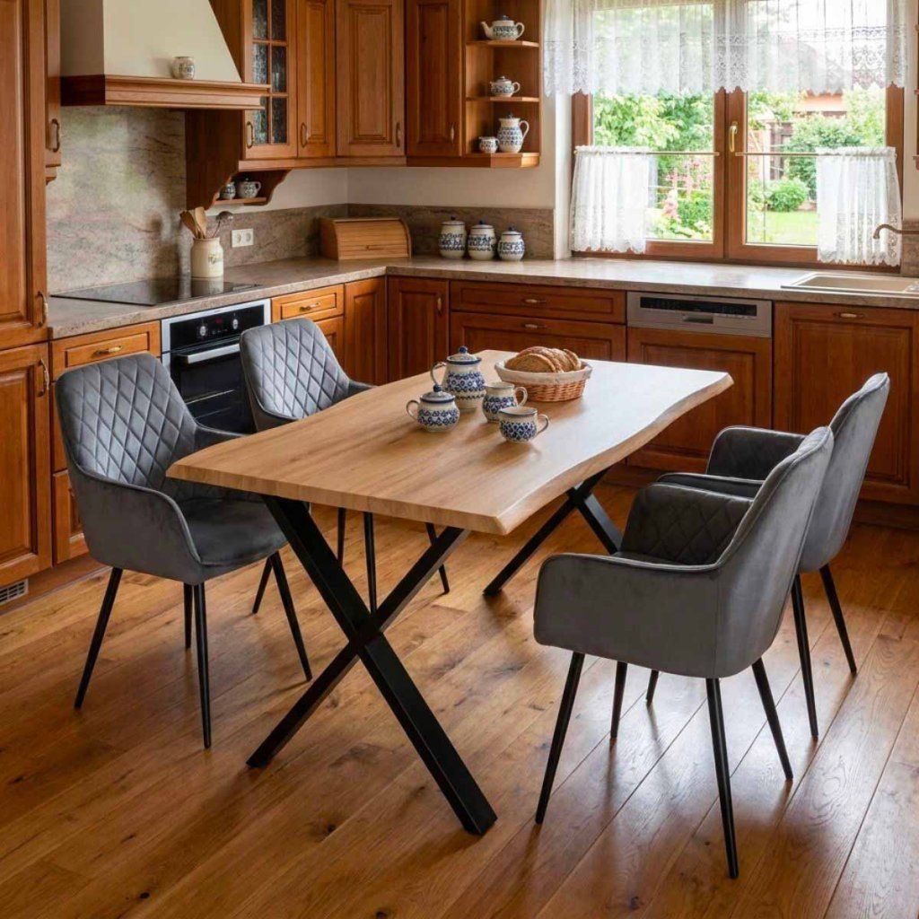 Jídelní set pro 4 osoby 160x90 cm soft dub noha X šedá židle s područkami VJS226-4S