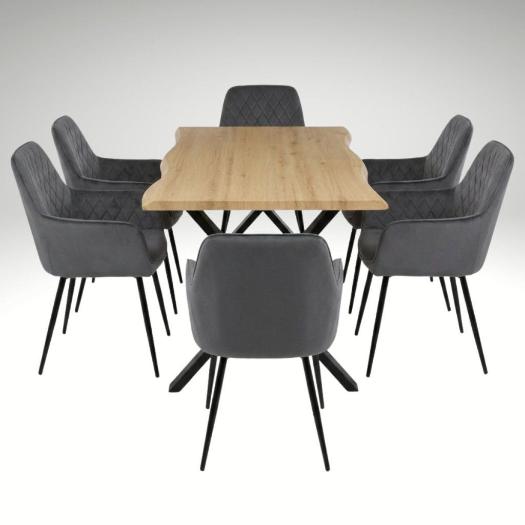 Jídelní set pro 6 osob 160x90 cm soft dub noha X šedá židle s područkami VJS226-6S