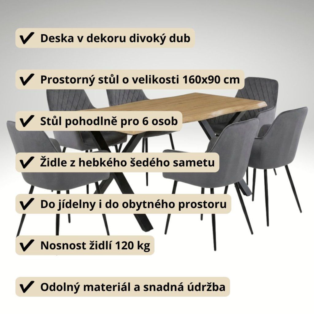 Jídelní set pro 6 osob 160x90 cm soft dub noha X šedá židle s područkami VJS226-6S
